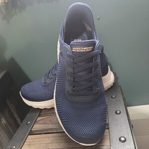 Skechers BOBS Navy and White Women's Slip-On Knit Sneakers